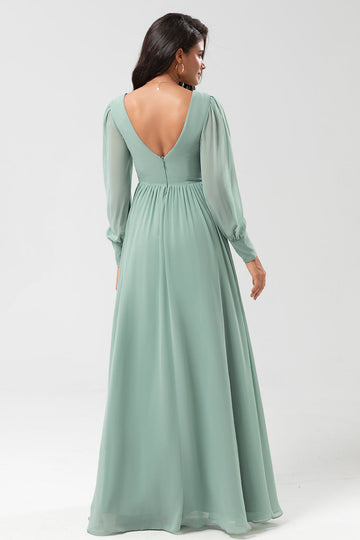 A Line Long Sleeves Chiffon Bridesmaid Dress with Buttons